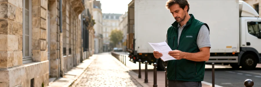Déménageur consulte un document d'autorisation devant son camion, ruelle piétonne pavée en
