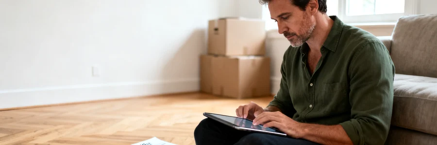 Client compare plusieurs devis de déménageurs sur tablette dans appartement vide