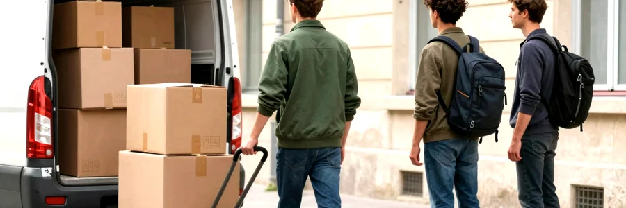 Déménageur et deux profils différents sur trottoir pierre, camion ouvert