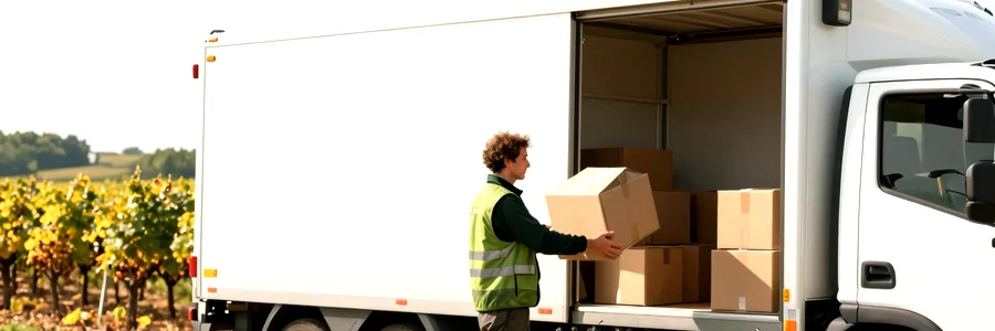 Déménageur charge un carton, vignobles champenois en arrière-plan