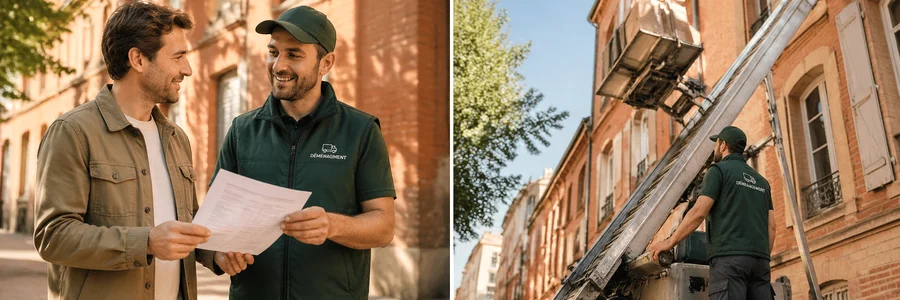 Déménageur et client comparent les tarifs devant briques roses Toulouse