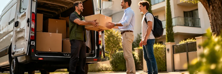Déménageur tend un carton à un ingénieur et un étudiant depuis le hayon du camion
