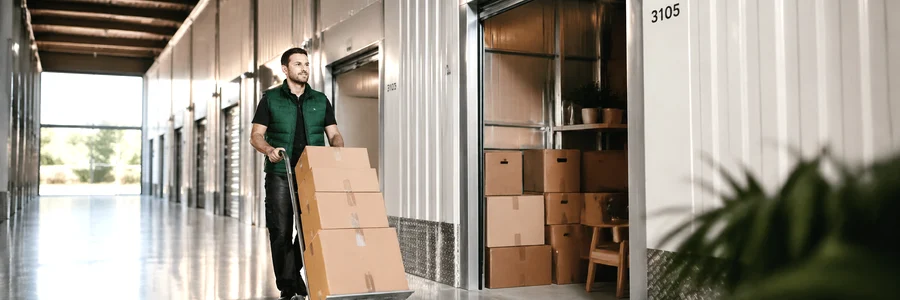 Déménageur avec diable chargé de cartons dans couloir d'entrepôt de stockage