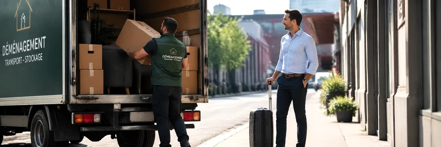 Ingénieur supervise un déménageur qui charge des cartons dans un camion
