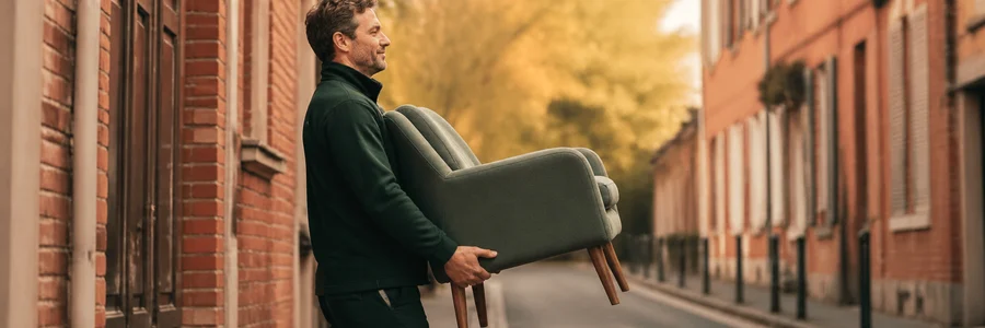Déménageur portant un fauteuil dans une ruelle en briques roses, lumière dorée d'automne