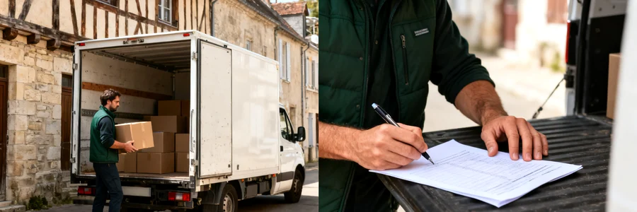 Déménageur charge carton depuis camion stationné dans ruelle à colombages de Tours
