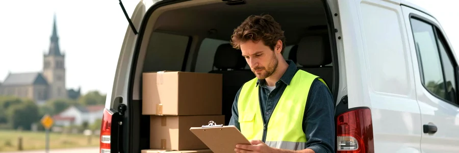 Déménageur avec carton consulte son planning devant un camion, silhouette de château en