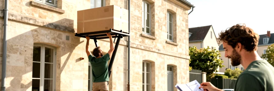 Déménageur actionne un monte-meuble en cour intérieure, client indique une date hors saison