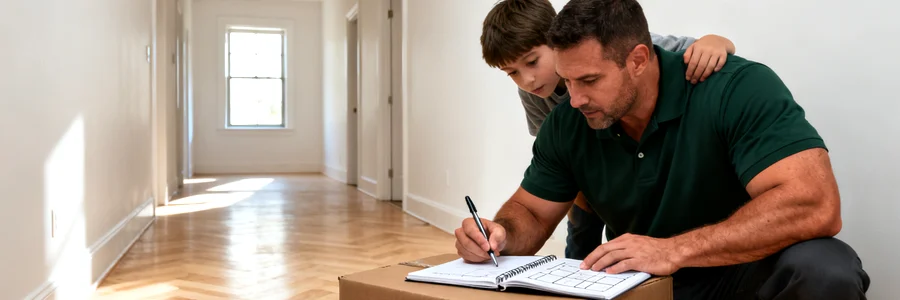 Déménageur planifiant l'organisation avec un enfant attentif