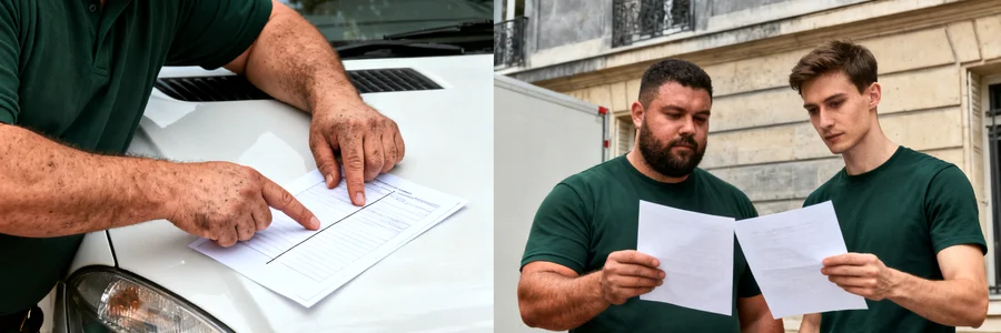 Déménageurs comparant deux devis devant un camion blanc à Paris