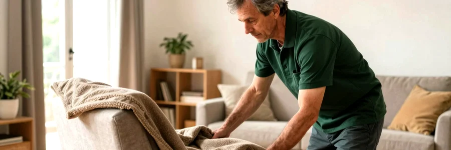 Protection des meubles avant Le déménagement Déménageur emballant un fauteuil dans une couverture matelassée sous le regard attentif du client