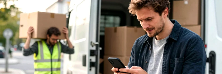 Propositions reçues, pro déjà en action Client soulagé consulte son téléphone pendant qu'un pro charge un carton dans le camion