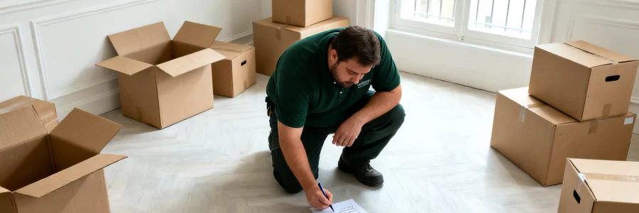 Déménageur accroupi planifiant l'organisation des cartons dans un appartement vide