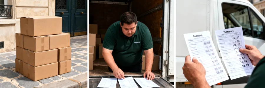 Déménageur comparant trois devis de prestation sur hayon de camion blanc
