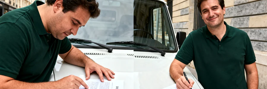 Déménageur vérifiant un devis avant signature sur capot de camion