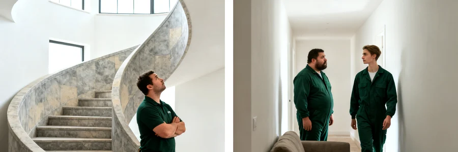 Chef d'équipe déménageur évaluant un escalier haussmannien avant la manœuvre