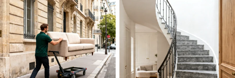 Déménageur guidant un canapé hissé par monte-meuble en façade haussmannienne, à côté d'un escalier