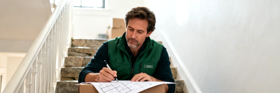Déménageur consultant son planning sur un carton dans un escalier