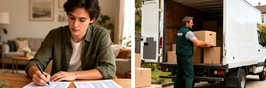 Personne qui compare des chiffres et déménageur qui charge des cartons dans un camion
