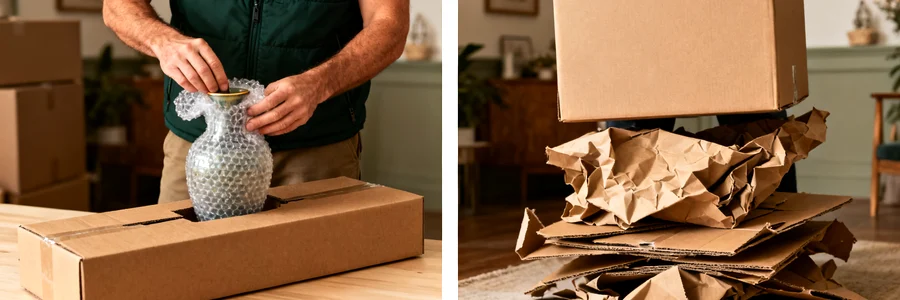 Déménageur qui emballe un objet fragile dans un carton solide, à côté d'un carton de
