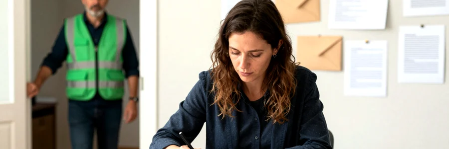 Femme cochant un planning administratif, déménageur en attente en arrière-plan