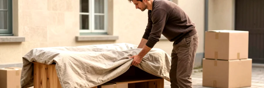 Déménageur protégeant un meuble avec une couverture matelassée dans une cour en pierre