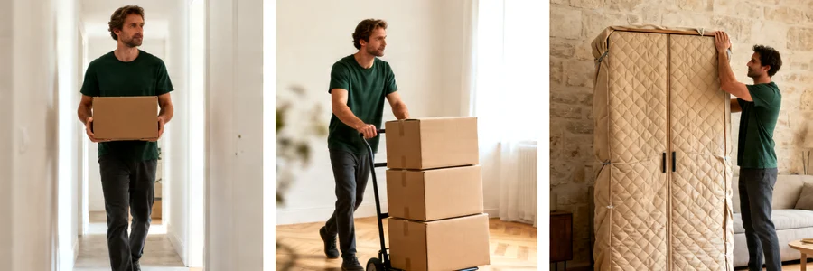 Déménageur en tenue verte charge carton, pousse diable et hisse armoire dans trois intérieurs