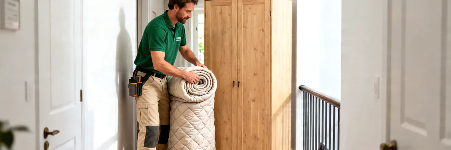 Déménageur en polo vert emballant une armoire d'une couverture matelassée sur un palier d'immeuble