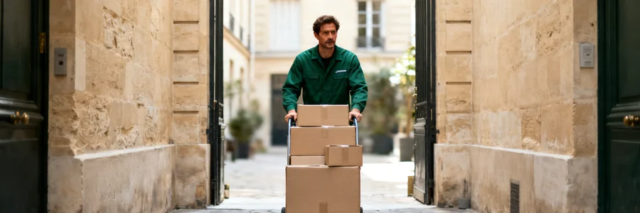 Déménageur en tenue vert bouteille manœuvre un diable chargé de cartons dans la cour étroite d'un