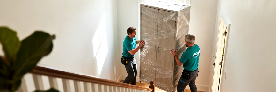 Deux déménageurs manœuvrant une armoire emballée dans un escalier intérieur