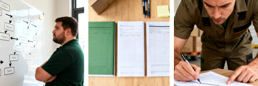 Déménageur comparant plusieurs devis étalés sur une table avant un déménagement