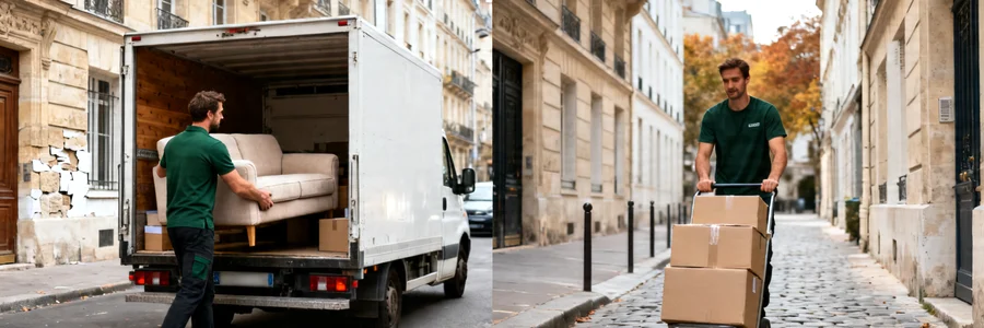 Diptyque rue parisienne : déménageur charge un canapé dans un camion bondé à gauche, pousse