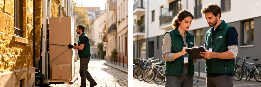 Déménageur avec monte-meuble dans une ruelle pavée à gauche, deux pros consultant un planning