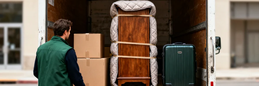Vue plongeante sur hayon de camion ouvert avec cartons, meuble sanglé et valise — déménageur