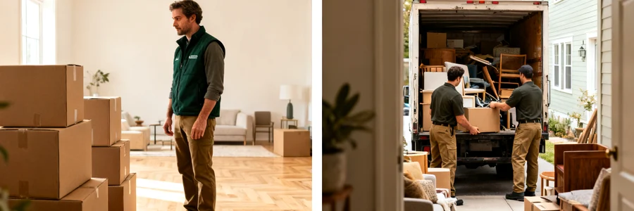Déménageur évaluant un petit studio à gauche, deux pros chargeant une maison meublée à droite —