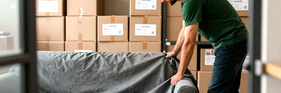 Déménageur de profil ajustant la housse d'un canapé dans une unité de stockage, cartons empilés
