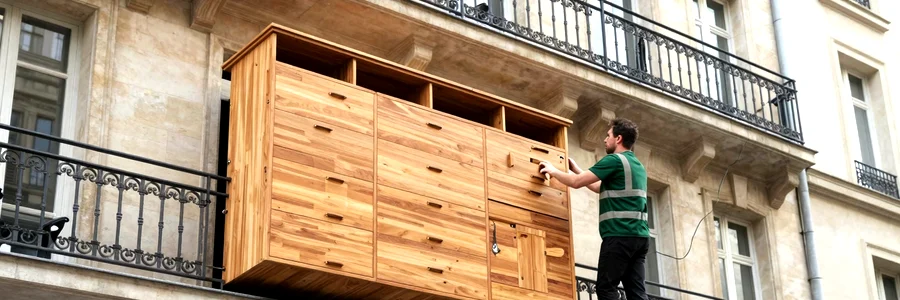 Déménageur au sol guidant une armoire suspendue sur bras de monte-meuble le long d'une façade