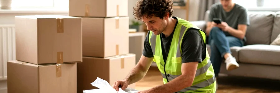 Déménageur emballant soigneusement un objet fragile dans du papier bulle, cartons fermés empilés
