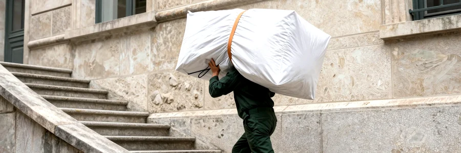 Déménageur poussant un diable chargé dans un escalier en colimaçon — contraintes d'accès illustrées