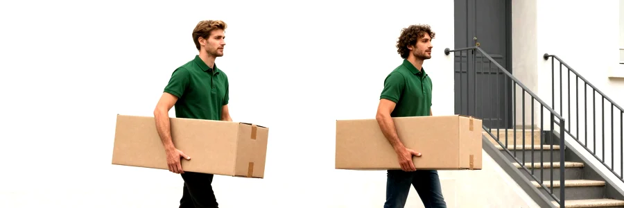 Duo de déménageurs en tenue verte portent un carton sanglé sur un palier parisien