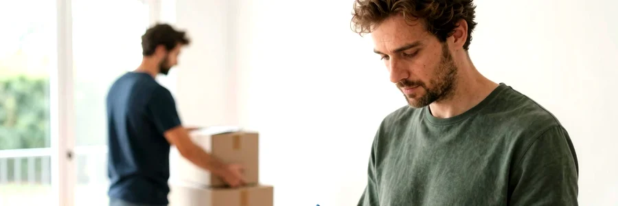 Client vérifiant un état des lieux dans un appartement vide, déménageur en arrière-plan