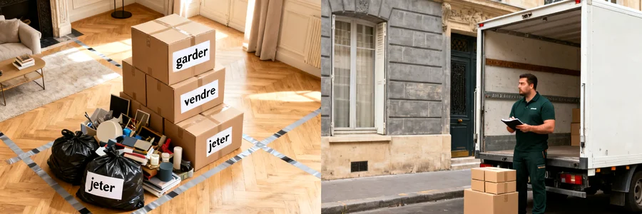 Tri d'objets en trois piles avant déménagement, volume réduit estimé par un pro