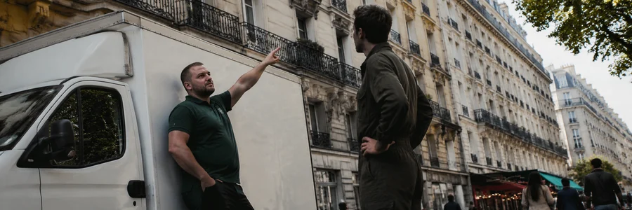 Déménageur parisien coordonnant l'opération en rue commerçante dense