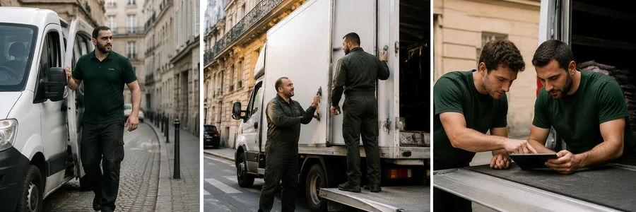 Trois profils de déménageurs parisiens : fourgon local, grand camion national, consultation