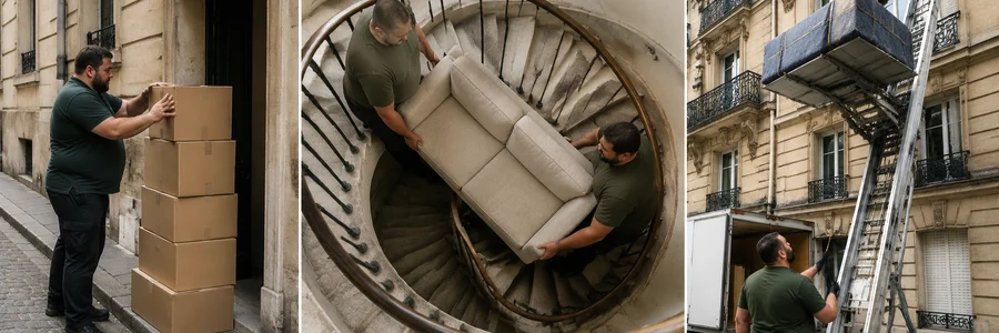Déménageur parisien gérant trois volumes de mobilier, du studio au grand appartement avec