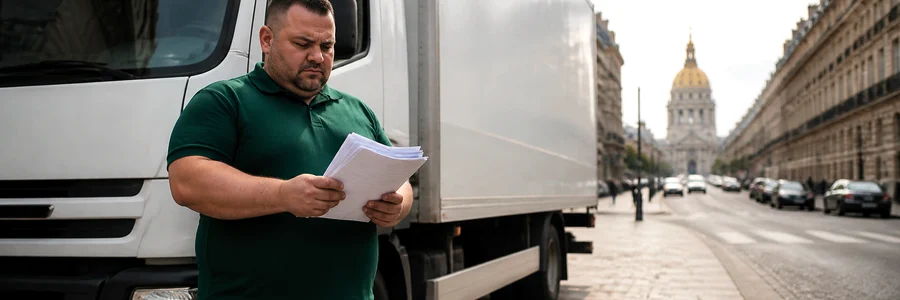 Déménageur parisien vérifiant les autorisations devant les Invalides