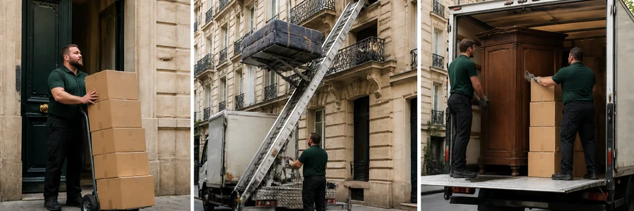 Trois volumes de déménagement comparés devant immeubles parisiens