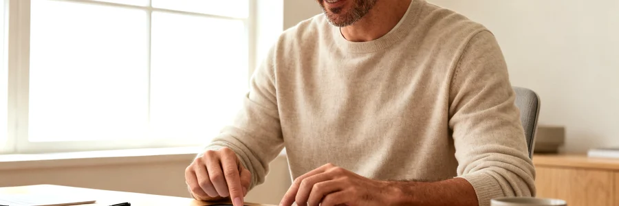 Saisie rapide d'un devis déménagement en ligne Homme concentré sur une tablette pour demander un devis déménagement en ligne