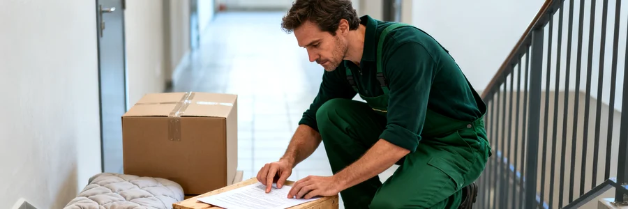 Vérification des certifications d'un pro du Déménageur vérifiant un document officiel sur un palier d'immeuble