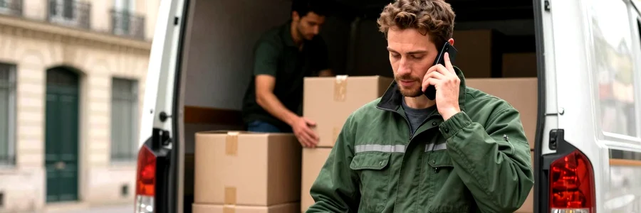 Déménagement express : réactivité d'un pro en Déménageur pro confirmant un créneau express au téléphone près du camion